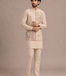 Cream roman silk designer multi embroidery work kurta set for men
