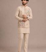 Cream roman silk designer multi embroidery work kurta set for men
