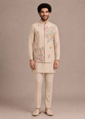 Cream roman silk designer multi embroidery work kurta set for men 2