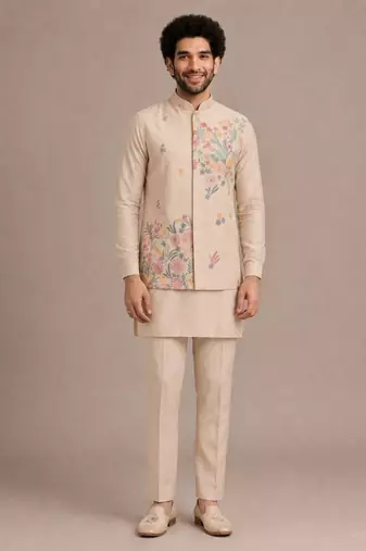 Cream roman silk designer multi embroidery work kurta set for men