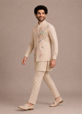 Cream roman silk designer multi embroidery work kurta set for men 3