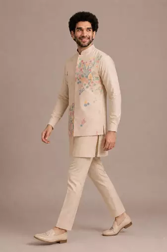 Cream roman silk designer multi embroidery work kurta set for men