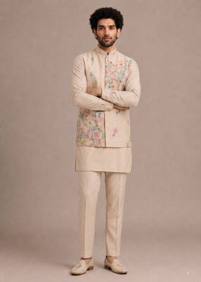 Cream roman silk designer multi embroidery work kurta set for men 4