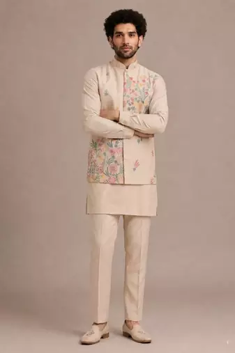 Cream roman silk designer multi embroidery work kurta set for men