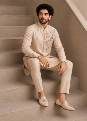 Cream roman silk designer multi embroidery work kurta set for men 5