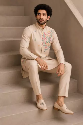 Cream roman silk designer multi embroidery work kurta set for men