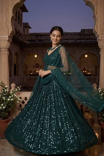 Dark Teal Georgette Lehenga Choli with Heavy Sequins Work & Organza Dupatta