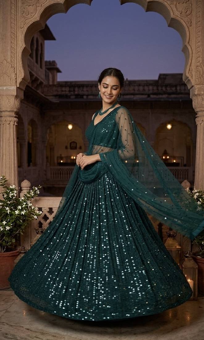Dark Teal Georgette Lehenga Choli with Heavy Sequins Work & Organza Dupatta