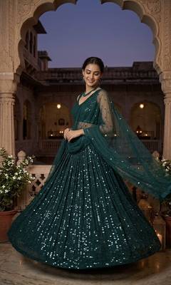 Dark Teal Georgette Lehenga Choli with Heavy Sequins Work & Organza Dupatta 1