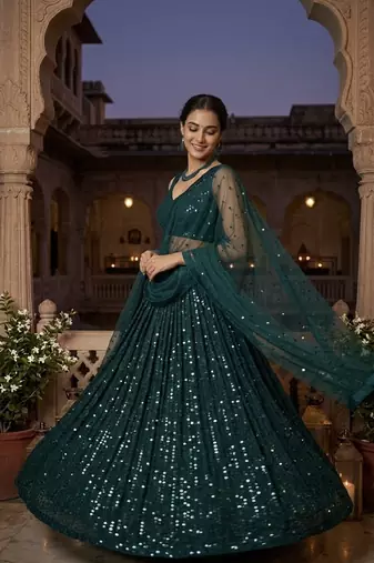 Dark Teal Georgette Lehenga Choli with Heavy Sequins Work & Organza Dupatta