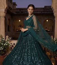 Dark Teal Georgette Lehenga Choli with Heavy Sequins Work & Organza Dupatta