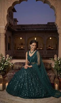 Dark Teal Georgette Lehenga Choli with Heavy Sequins Work & Organza Dupatta 3