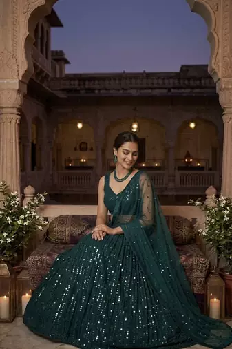 Dark Teal Georgette Lehenga Choli with Heavy Sequins Work & Organza Dupatta
