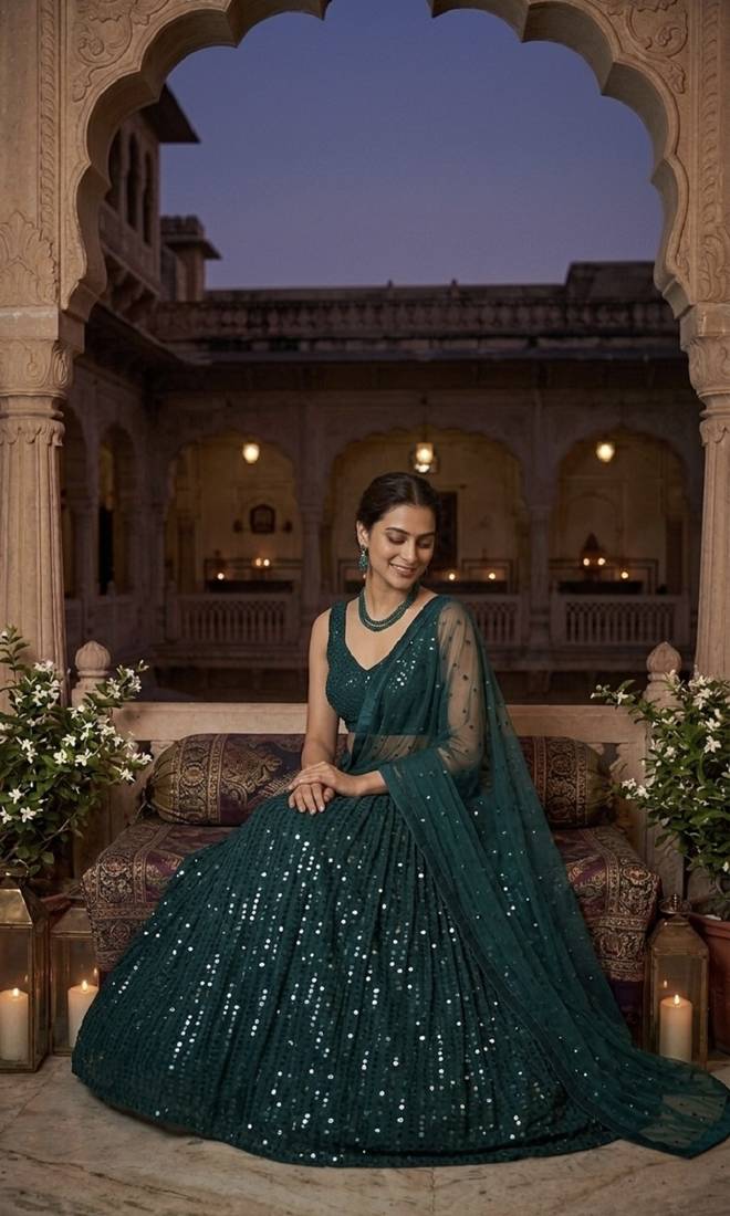Dark Teal Georgette Lehenga Choli with Heavy Sequins Work & Organza Dupatta