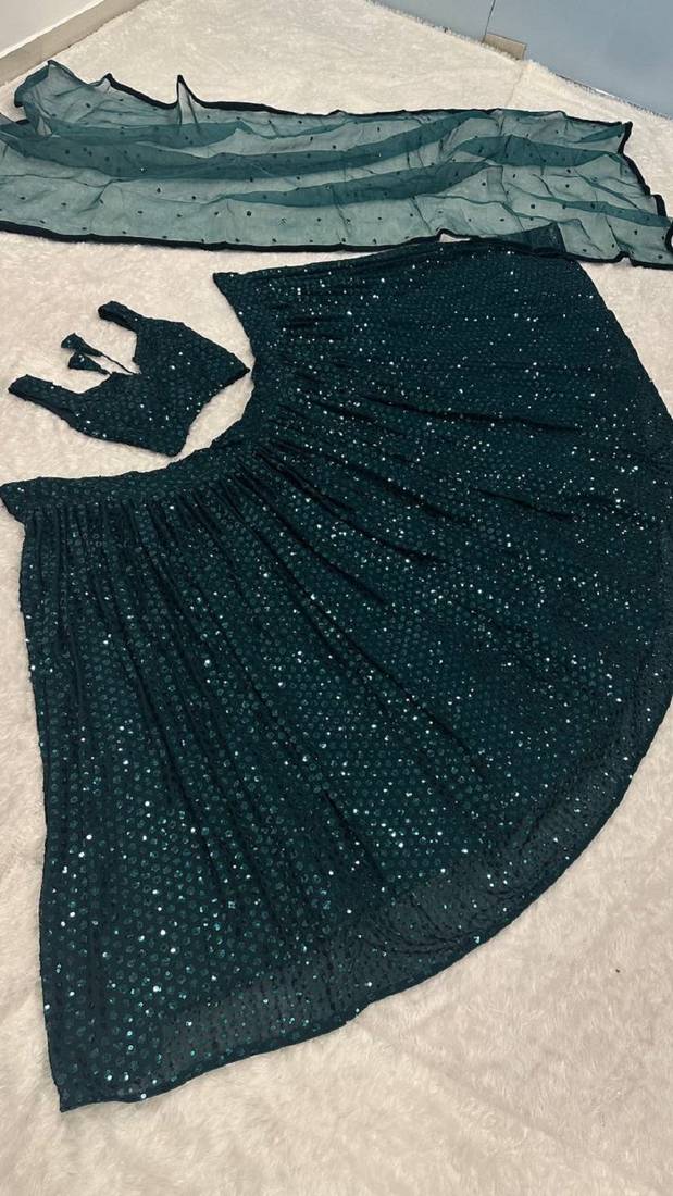 Dark Teal Georgette Lehenga Choli with Heavy Sequins Work & Organza Dupatta