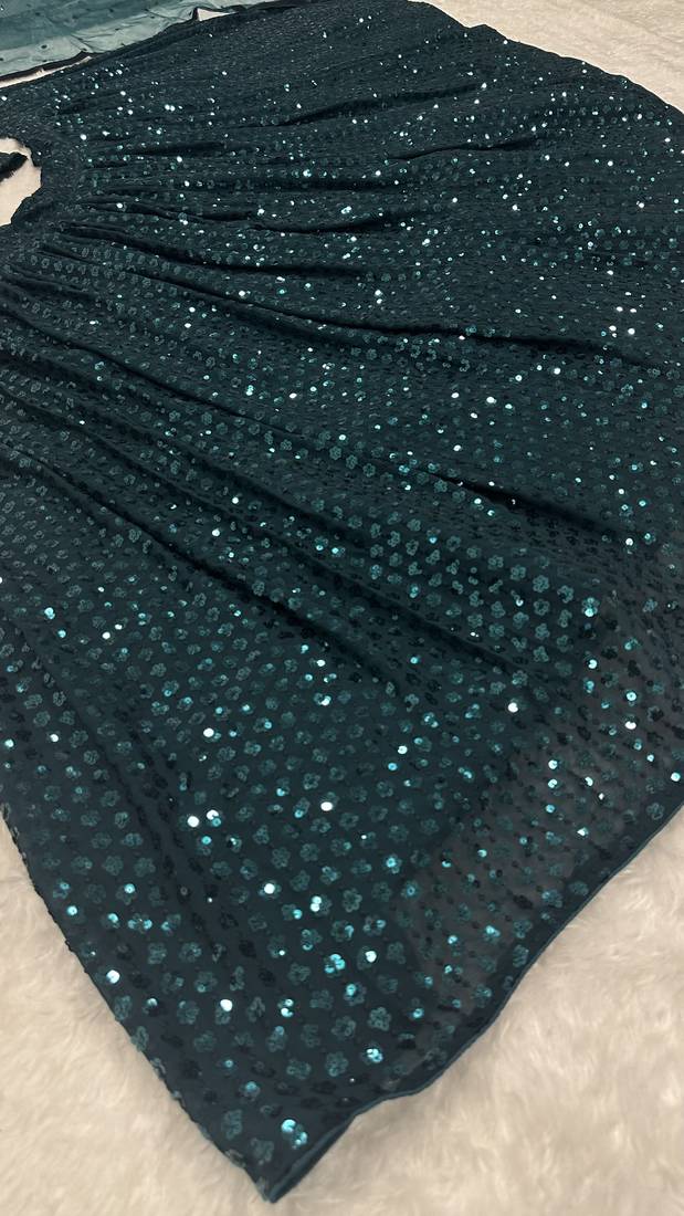 Dark Teal Georgette Lehenga Choli with Heavy Sequins Work & Organza Dupatta
