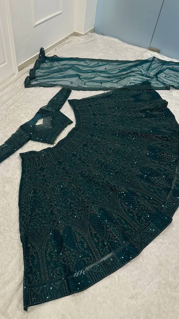Wedding Wear Emerald Green Lehenga Choli with Sequins & Dori Work