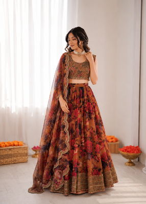 multi color organza silk digital print thread work lehenga choli set 1