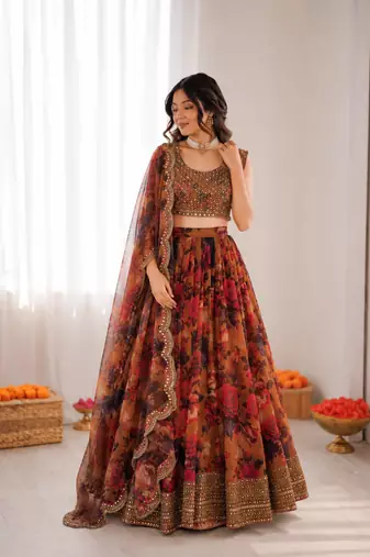 multi color organza silk digital print thread work lehenga choli set
