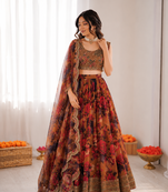 multi color organza silk digital print thread work lehenga choli set