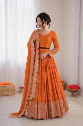 orange satin silk thread sequin lehenga choli set