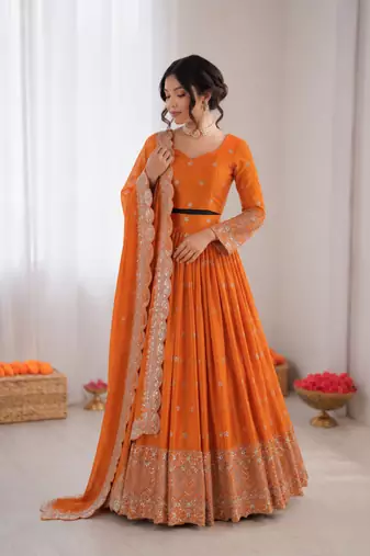 orange satin silk thread sequin lehenga choli set