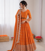 orange satin silk thread sequin lehenga choli set