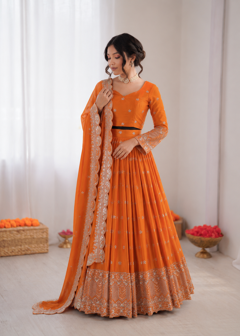orange satin silk thread sequin lehenga choli set