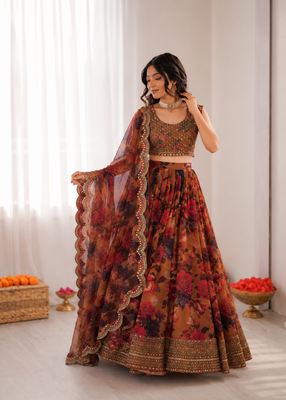 multi color organza silk digital print thread work lehenga choli set 2