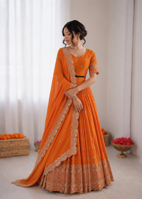 orange satin silk thread sequin lehenga choli set 2