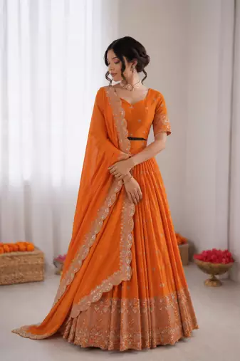 orange satin silk thread sequin lehenga choli set
