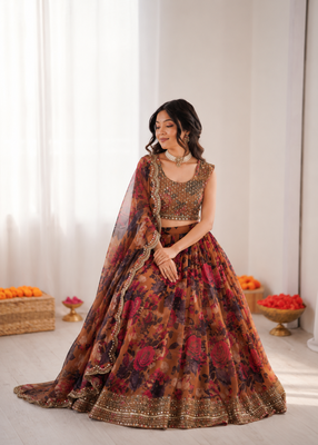 multi color organza silk digital print thread work lehenga choli set 3