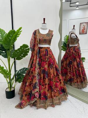 multi color organza silk digital print thread work lehenga choli set 4