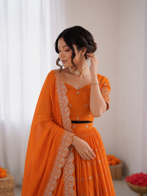 orange satin silk thread sequin lehenga choli set 3