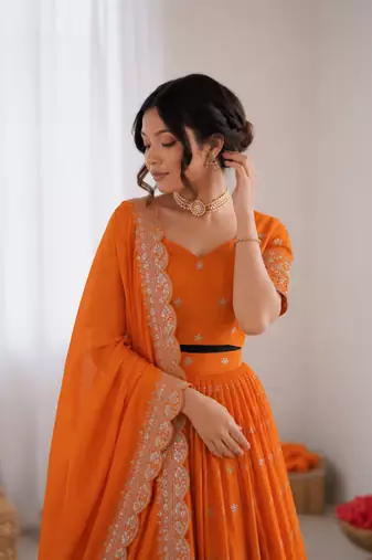 orange satin silk thread sequin lehenga choli set