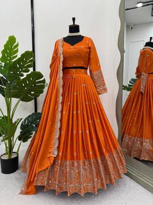 orange satin silk thread sequin lehenga choli set 4