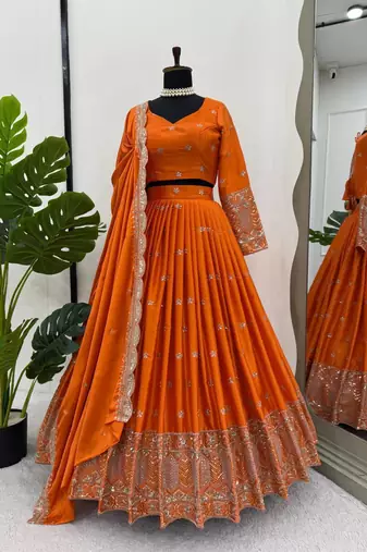 orange satin silk thread sequin lehenga choli set