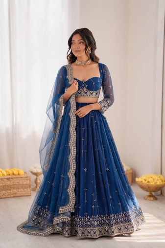 royal blue net thread sequin lehenga choli set
