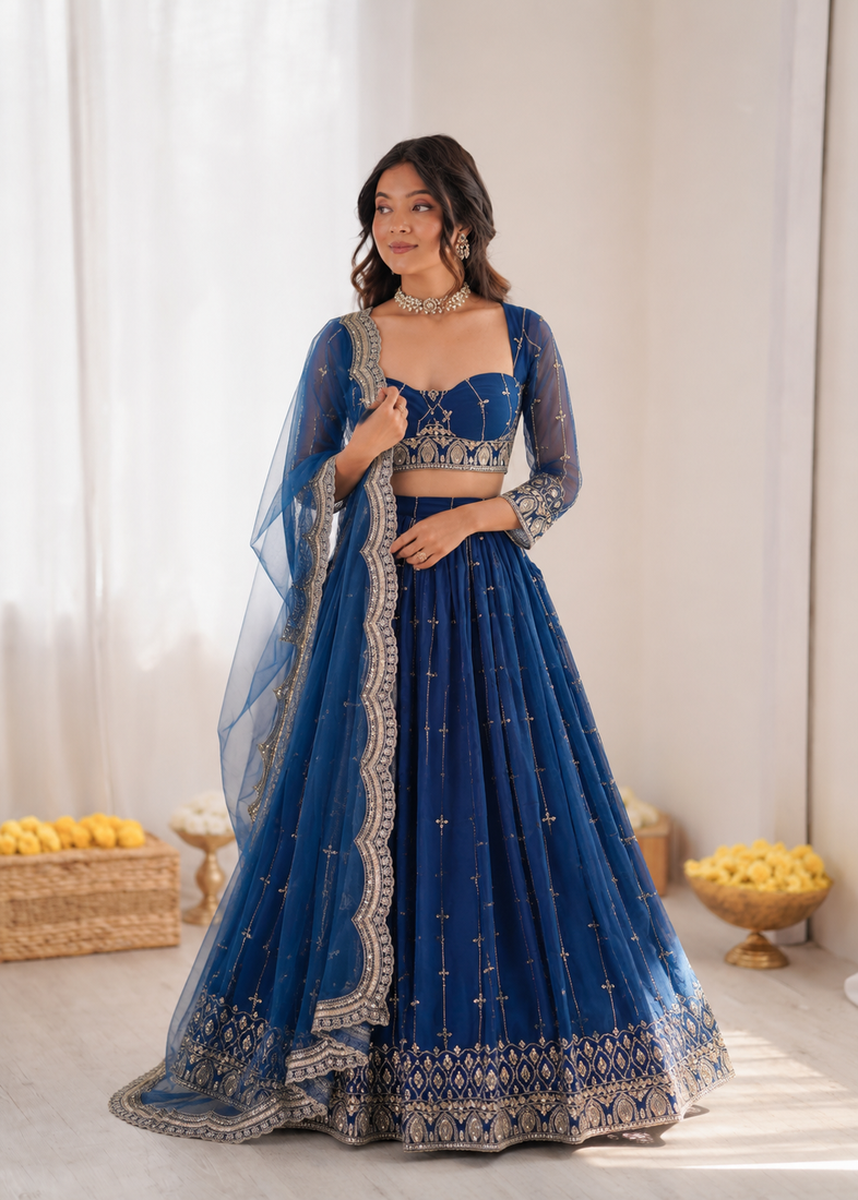 royal blue net thread sequin lehenga choli set