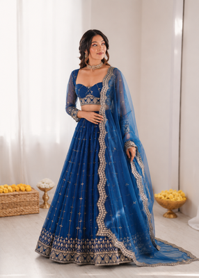 royal blue net thread sequin lehenga choli set 2