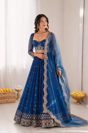 royal blue net thread sequin lehenga choli set