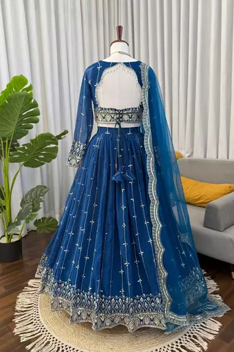 royal blue net thread sequin lehenga choli set