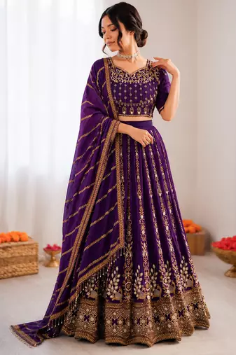 violet vichitra silk thread sequin lehenga choli set