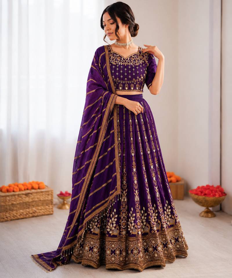 violet vichitra silk thread sequin lehenga choli set