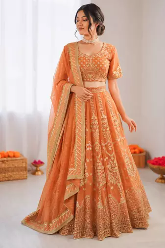 orange georgette thread sequin lehenga choli set