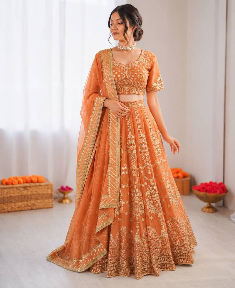 orange georgette thread sequin lehenga choli set
