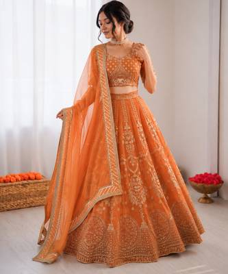 orange georgette thread sequin lehenga choli set 2