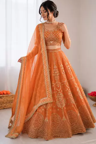 orange georgette thread sequin lehenga choli set