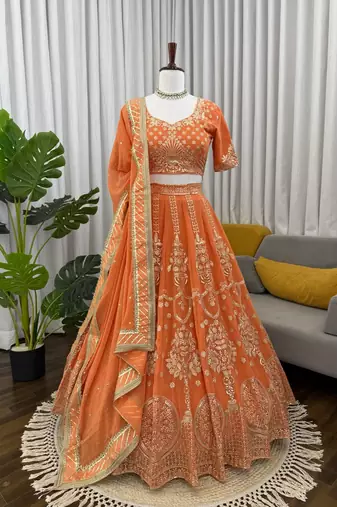 orange georgette thread sequin lehenga choli set
