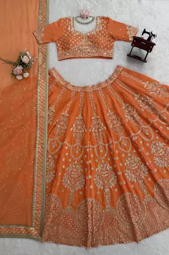 orange georgette thread sequin lehenga choli set
